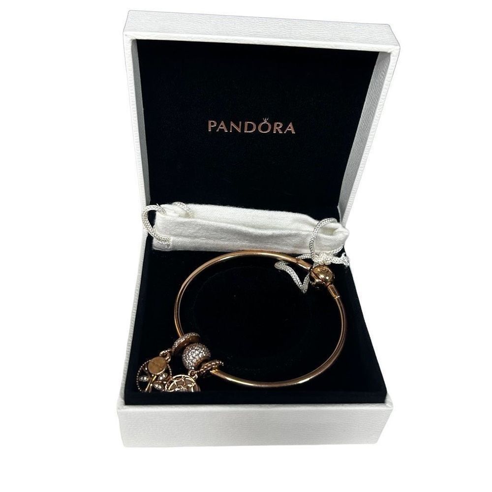 Pandora Women's Bangle & Charm Set Rose Gold Plated Size 19 With Box